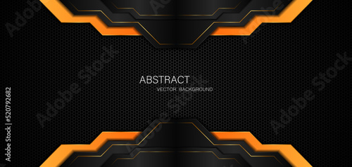 Dark steel mesh abstract background with black and orange polygon shapes, free space for design. modern technology innovation concept background
