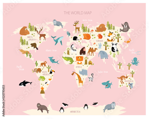 Print. Vector map of the world with cartoon animals for kids. Eurasia, South America, North America, Australia and Africa. 