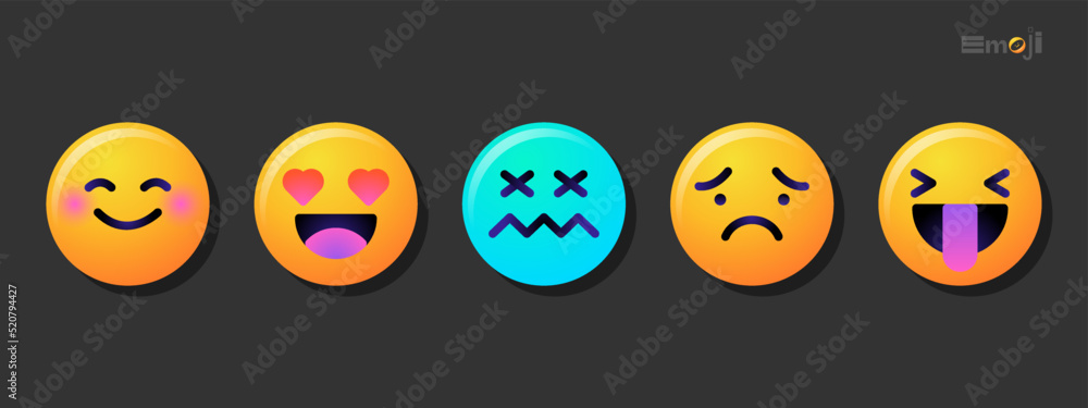 Fototapeta premium Round emoticons set. Yellow Emoji faces emoticon smile, digital smiley expression emotion feelings, chat cartoon emotes. Vector illustration icons