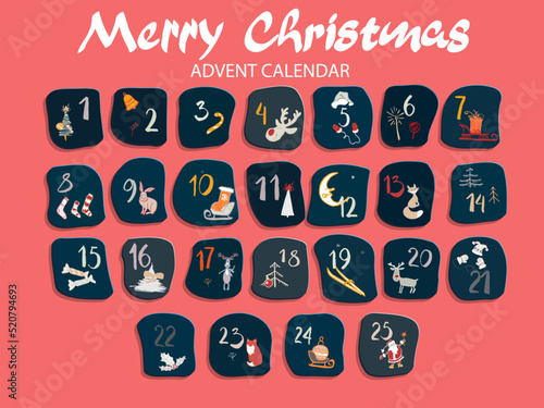 Christmas advent calendar. Cute colorful Christmas ornaments with number of day of december. Christmas poster countdown. Flat lay design great for poster, winter postcard, seasonal wallpaper. Vector