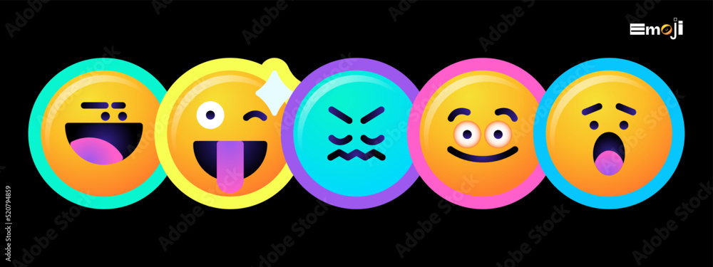 Round emoticons set. Yellow Emoji faces emoticon smile, digital smiley expression emotion feelings, chat cartoon emotes. Vector illustration icons