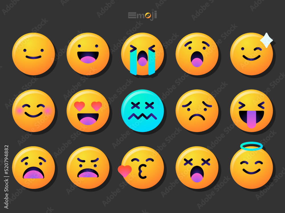 Fototapeta premium Round emoticons set. Yellow Emoji faces emoticon smile, digital smiley expression emotion feelings, chat cartoon emotes. Vector illustration icons