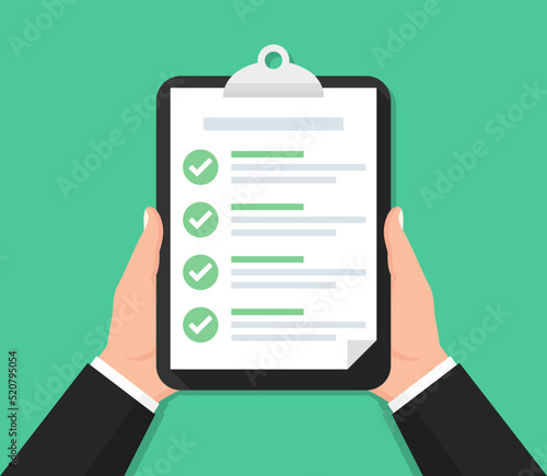 Hand holding clipboard with checklist in a flat design. Vector illustration