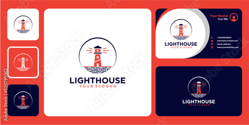 lighthouse logo design with sea and business card