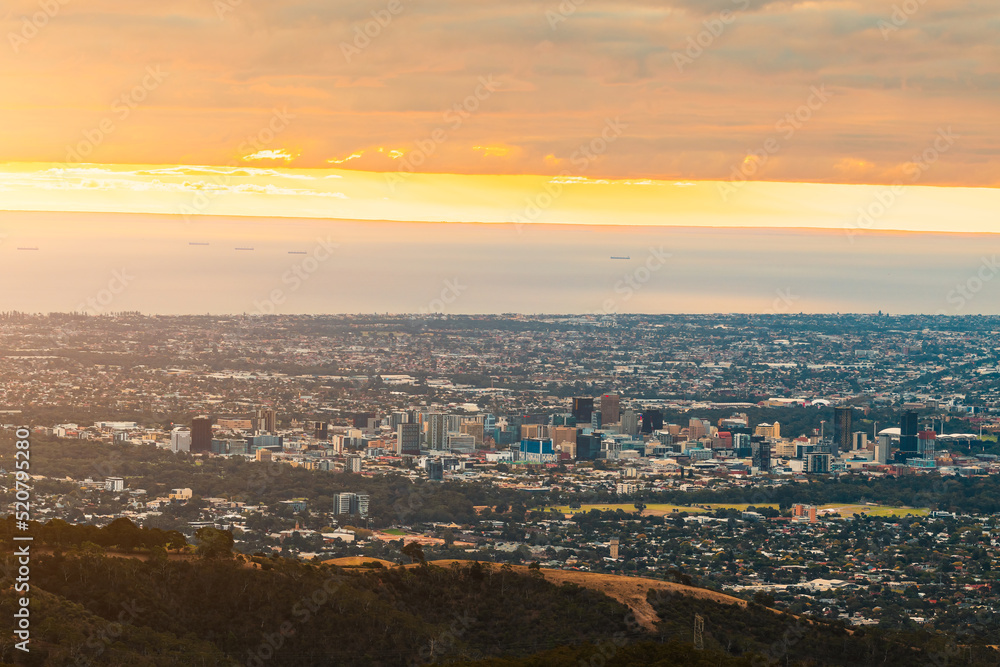 Adelaide city skyline at sunset viewed from the hills, South Australia