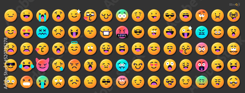 Round emoticons set. Yellow Emoji faces emoticon smile, digital smiley expression emotion feelings, chat cartoon emotes. Vector illustration icons