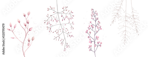 Watercolor meadow flowers isolated on white floral collection of berries, leaves, twigs, bunch in pastel pink purple violet botanical style, wedding design elements