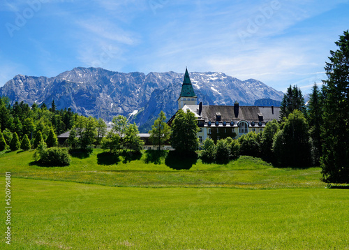 a scenic view of the Elmau Schloss Hotel in the german Alps where G 7 summits take place (Germany) 