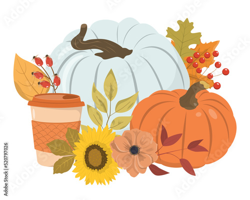 Autumn floral pumpkins arrangement with coffee cup, sunflower, dry leaves, and berries. Isolated on white background. Thanksgiving day card template.