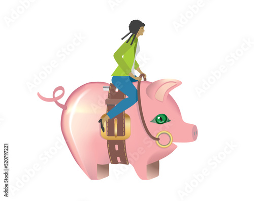 Woman riding on pink piggy bank, coin bank. The pig having a belt. Start saving mone and get control. Isolated on white background. Vector illustration.