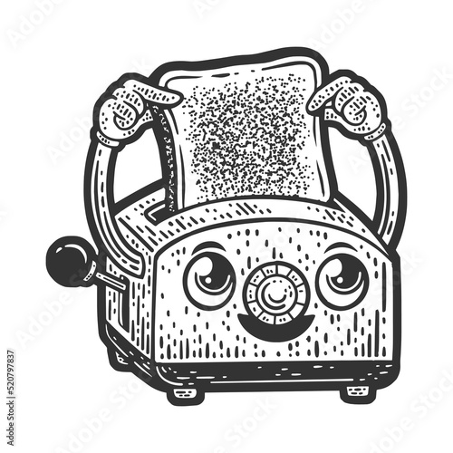 cartoon cute toaster inserts bread into itself sketch engraving vector illustration. Scratch board imitation. Black and white hand drawn image.