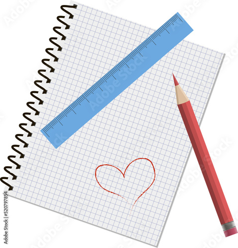Blank vector copybook with red pencil, ruler and hand-drawn red heart, isolated on white background