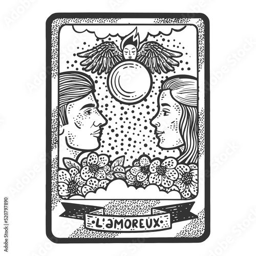 Tarot playing card The Lovers sketch engraving vector illustration. T-shirt apparel print design. Scratch board imitation. Black and white hand drawn image.