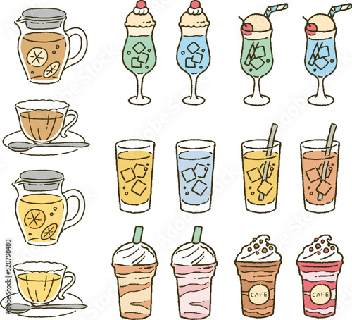 シンプルなタッチ　紅茶とクリームソーダ とジュースのイラストレーションセット