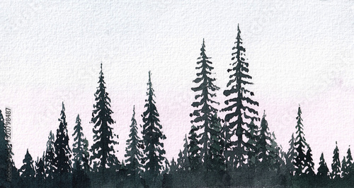 Watercolor hand drawn landscape. Silhouette of trees.