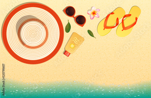 Hello Summer holidays banners design. With boat, life buoy, surfboard, glasses, flip flop, hat,flower, starfish, coconut fruit amd ball at the beach. Invitation to templates, banners, postcard, label.