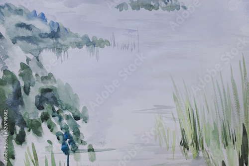 Calm background with space for text. Surface of fresh water reservoir with aquatic vegetation and sedge. Freshness of nature watercolor painting.