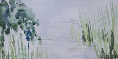 Calm environment panorama background with space for text. Summer morning by the river. Surface of fresh water reservoir with aquatic vegetation and sedge. Freshness of nature watercolor painting.