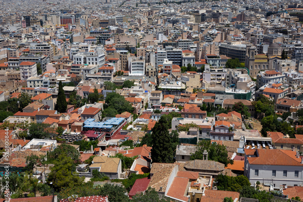 General view of Athens. View of the city and its tile roofs on a sunny day. Greece, July 2022.