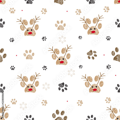 Made of paw prints and deer. Happy new year and Merry Christmas seamless fabric pattern