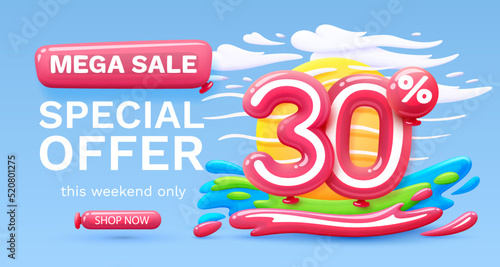 Mega sale special offer, Stage podium percent 30, Simmer time lifestyle, happy banner travel. Vector