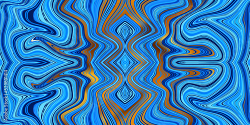 Blue and gold seamless marble pattern with psychedelic swirls. Vector liquid acrylic texture. Flow art. Trippy 70s textile background. Tie dye simple artistic effect