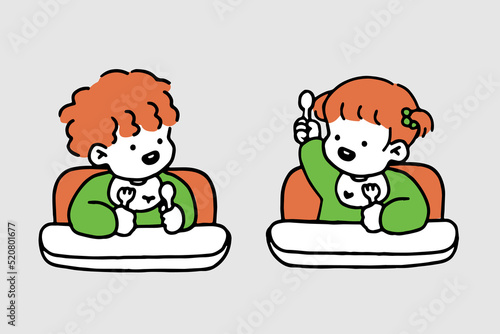 Cute Cartoon Happy Toddlers Eating. Vector illustration isolated on background.