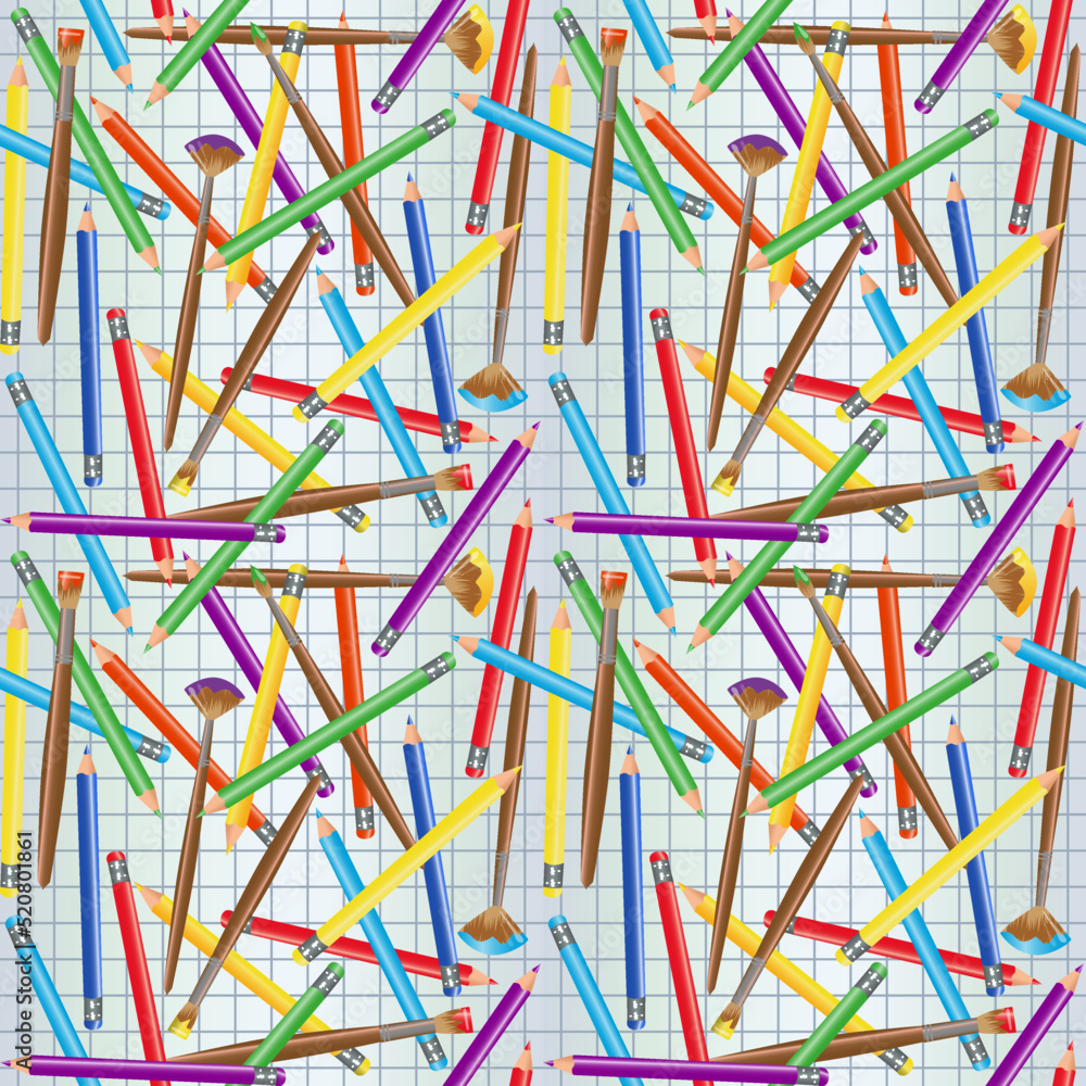 Fototapeta premium Back to School card with pencils and paint brushes, seamless pattern, vector illustration 