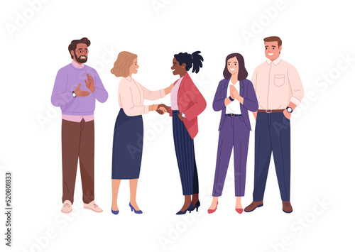 Hiring a new member. Vector illustration in cartoon flat style of the multiracial business team and two friendly women are shaking hands. Isolated on white