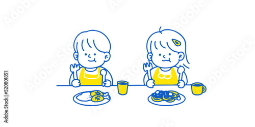 Cute Cartoon Happy Little Kid Eating.Vector illustration isolated on background.
