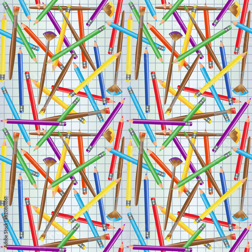 Back to School card with pencils and paint brushes, seamless pattern, vector illustration 