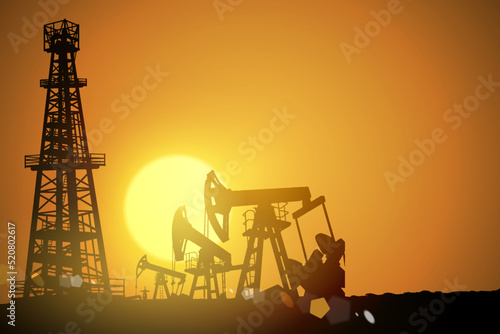 Oil field over sunset. Vector illustration. Gas industry. Dark silhouette drilling rig.