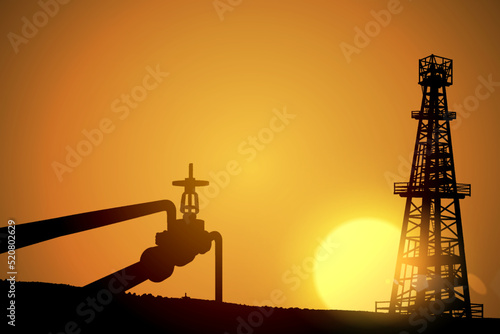 Oil field over sunset. Vector illustration. Gas industry. Dark silhouette drilling rig.