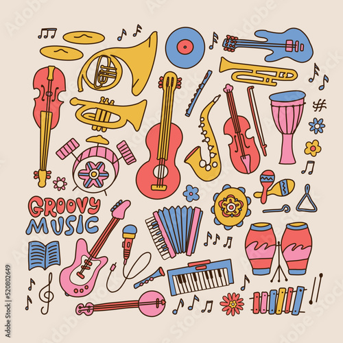 Set of outline vintage musical instruments - records, musical devices and equipments for playing music. Retro 70s style guitar, banjo, drum, tambourine. Vector hand drawn illustration isolated