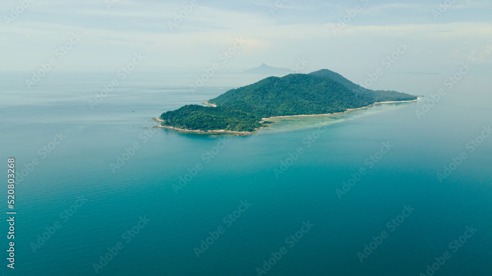 Aerial drone view of tropical island scenery at Besar Island or Pulau Besar in Mersing, Johor, Malaysia
