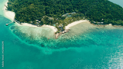 Aerial drone view of coastal scenery at Tengah Island or Pulau Tengah in Mersing, Johor, Malaysia