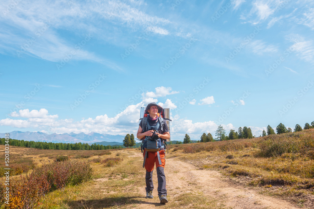 Alone traveler with large backpack walks along hiking trail on sunlit high mountain plateau under white clouds in blue sky. Backpacker with photo camera in autumn mountain trekking in good weather.