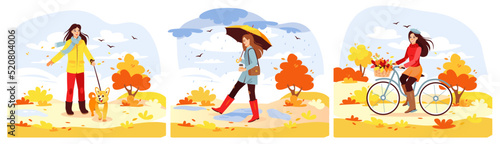 Autumn Park. A set of young girls walking in the park in autumn. The girl drinks coffee, walks the dog, rides a bike. Cartoon vector illustration