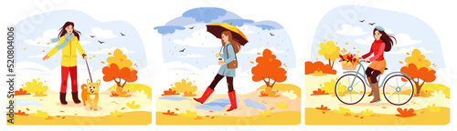 Autumn Park. A set of young girls walking in the park in autumn. The girl drinks coffee, walks the dog, rides a bike. Cartoon vector illustration

