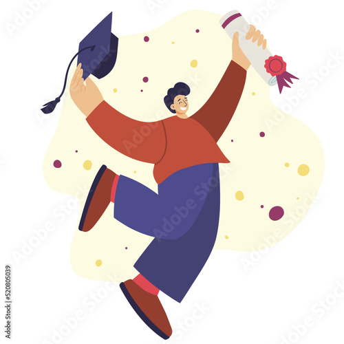 smiling young man graduate jumping for joy with a diploma and a mortarboard hat in his hands