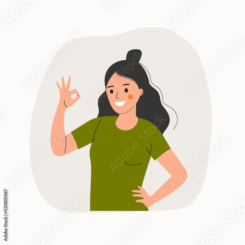 Young happy woman shows Ok sign. Positive gesture, approval gesturing. Vector flat style cartoon  illustration.