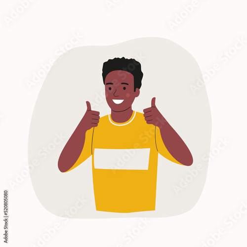 Young man with dark skin shows a thumbs up gesture. Ok sign. Vector flat style cartoon  illustration.