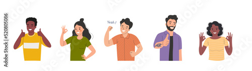 Different young women and men show Yeah positive gesture, approval gesturing. Flat style cartoon vector illustration.