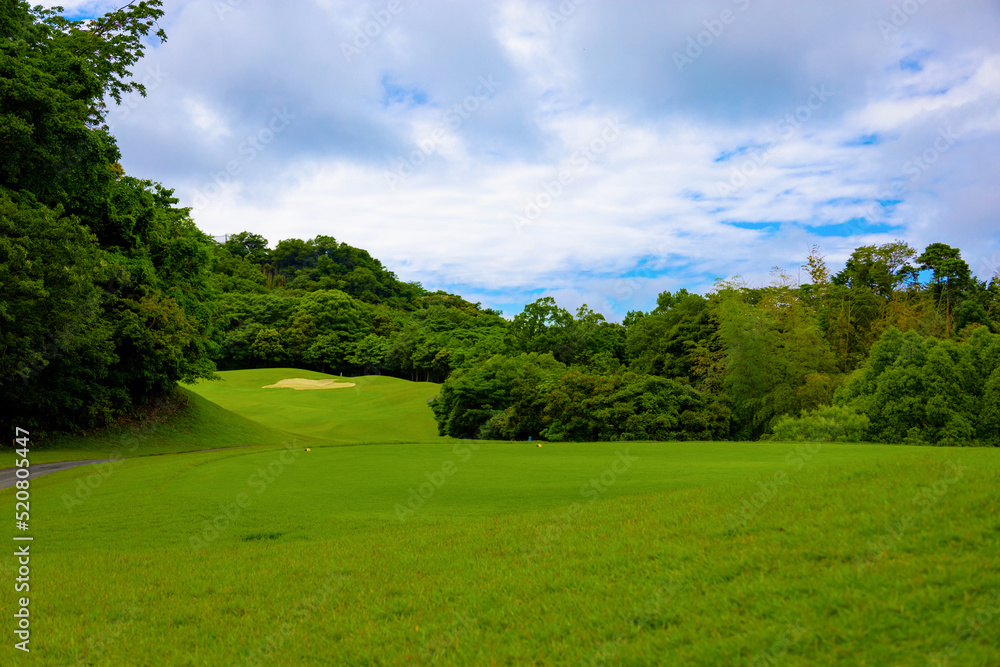 Naklejka premium ゴルフ場のティーグラウンドからのコースの眺め（千葉県富津市）