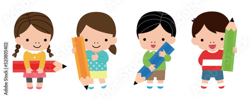 大きい鉛筆を持った子供のイラスト