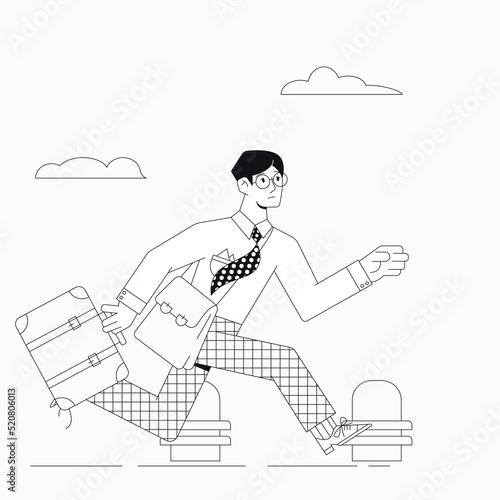 A passenger a tourist with a briefcase and a suitcase,runs quickly,waving his tie. Outline style. A late passenger,a tourist hurrying on time.Flat style. Stock vector illustration of a late passenger.