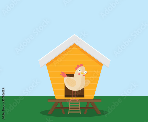 Cartoon vector icon of bright red chicken coop, fresh eggs in the nest.