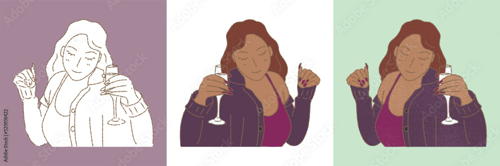 Relaxed young lady enjoying having fun at party. Woman dancing and drinking alcohol drinks from a glass. Set of different styles hand drawn flat vector illustration isolated on colored background. Relaxed young lady enjoying having fun at party. Woman dancing and drinking alcohol drinks from a glass. Set of different styles hand drawn flat vector illustration isolated on colored background.