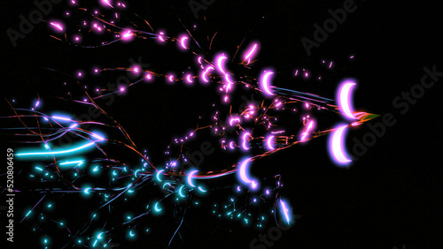 3d neural network with electrical impulses. Design. Neural branches with fast glowing pulses on black background. Simple illustration of neural impulses in brain