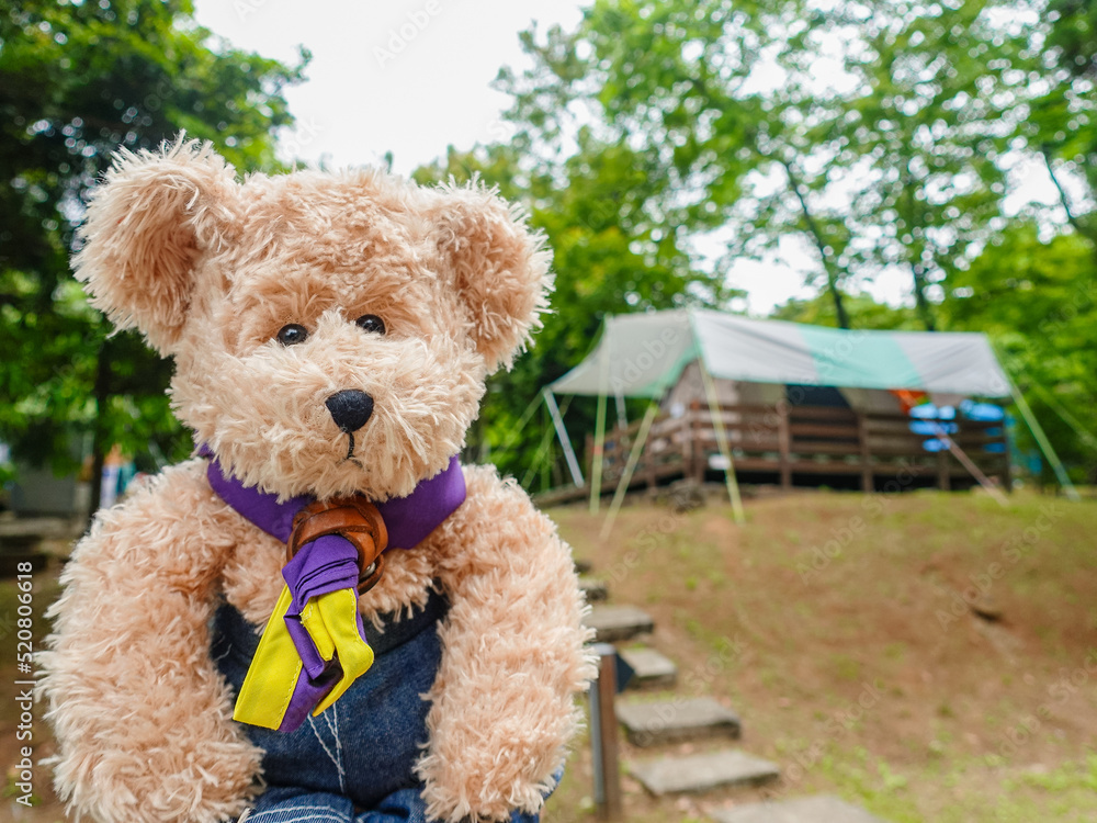 Scout bear stands in front of a pitched tent.Shallow depth of field composition and sunny day scene. Scout bear stands in front of a pitched tent.Shallow depth of field composition and sunny day scene.